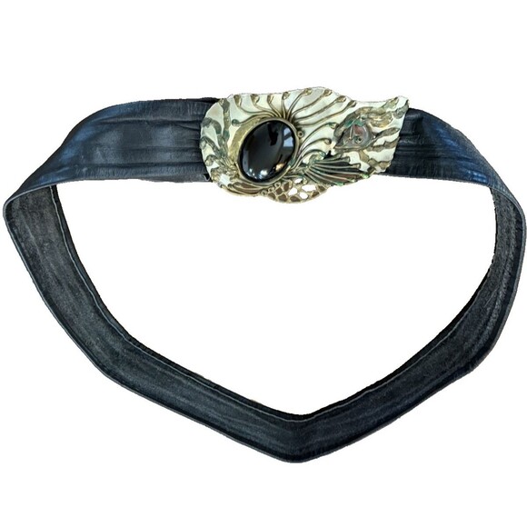 Vintage Mexican Artisan Belt Black Leather Wide Brass Sculptural Buckle Boho MCM - Picture 5 of 13